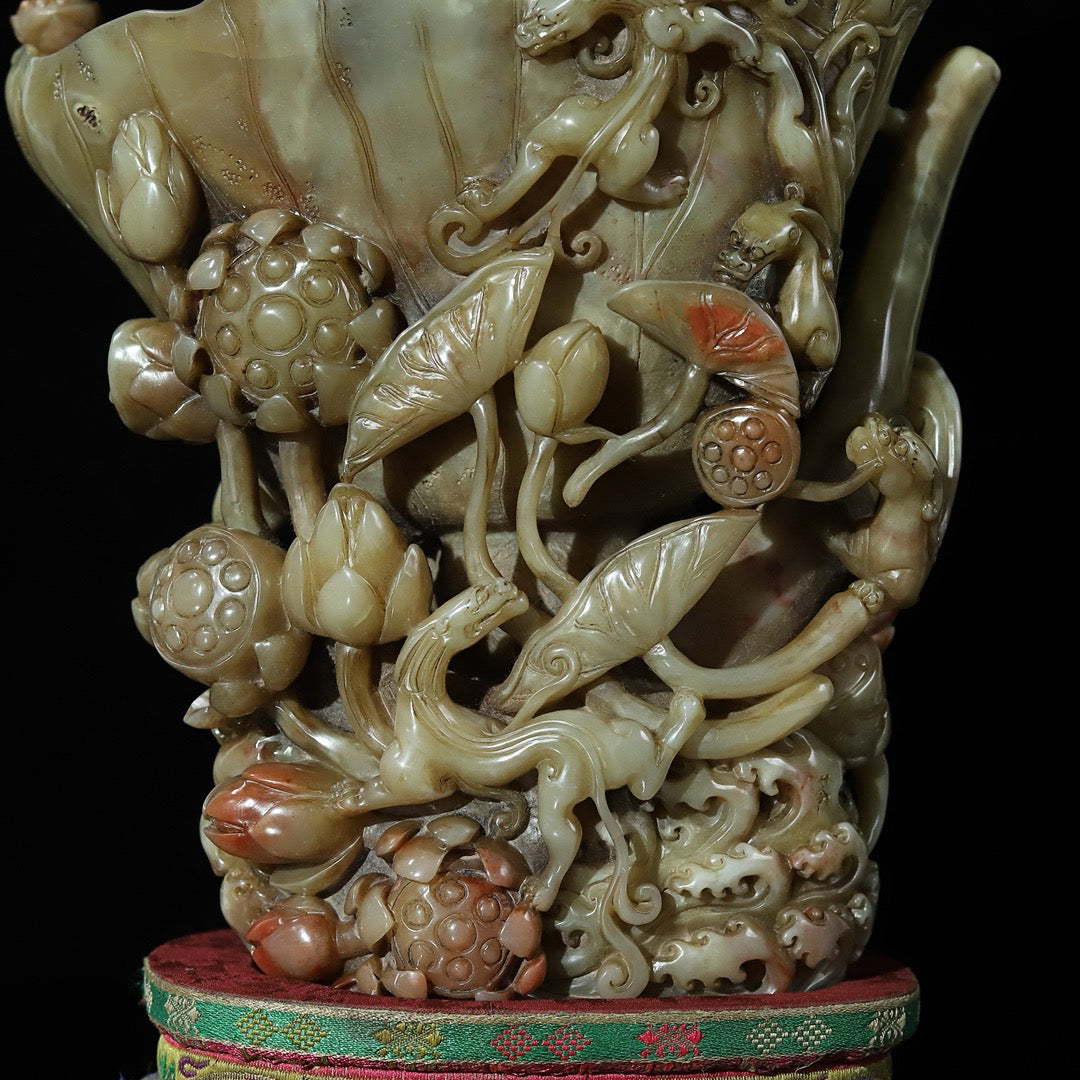 Chinese antique Shoushan stone, hibiscus, frozen stone, hollowed out carving, lotus flower, dragon shaped wine cup seal ornament