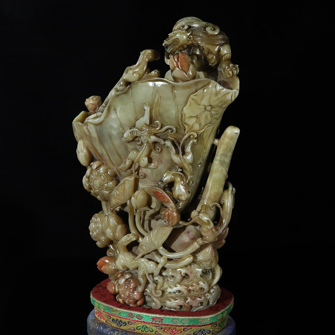 Chinese antique Shoushan stone, hibiscus, frozen stone, hollowed out carving, lotus flower, dragon shaped wine cup seal ornament