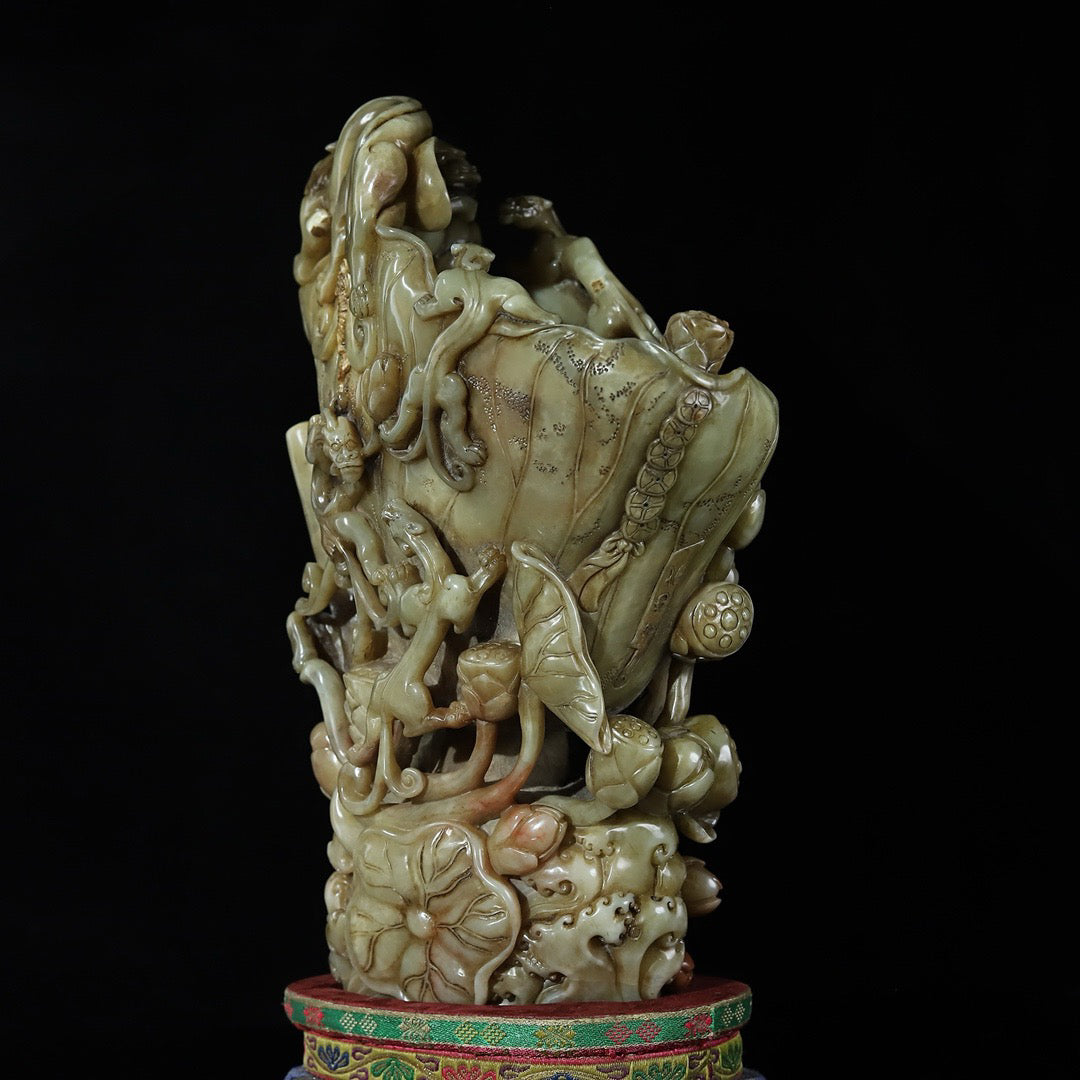 Chinese antique Shoushan stone, hibiscus, frozen stone, hollowed out carving, lotus flower, dragon shaped wine cup seal ornament