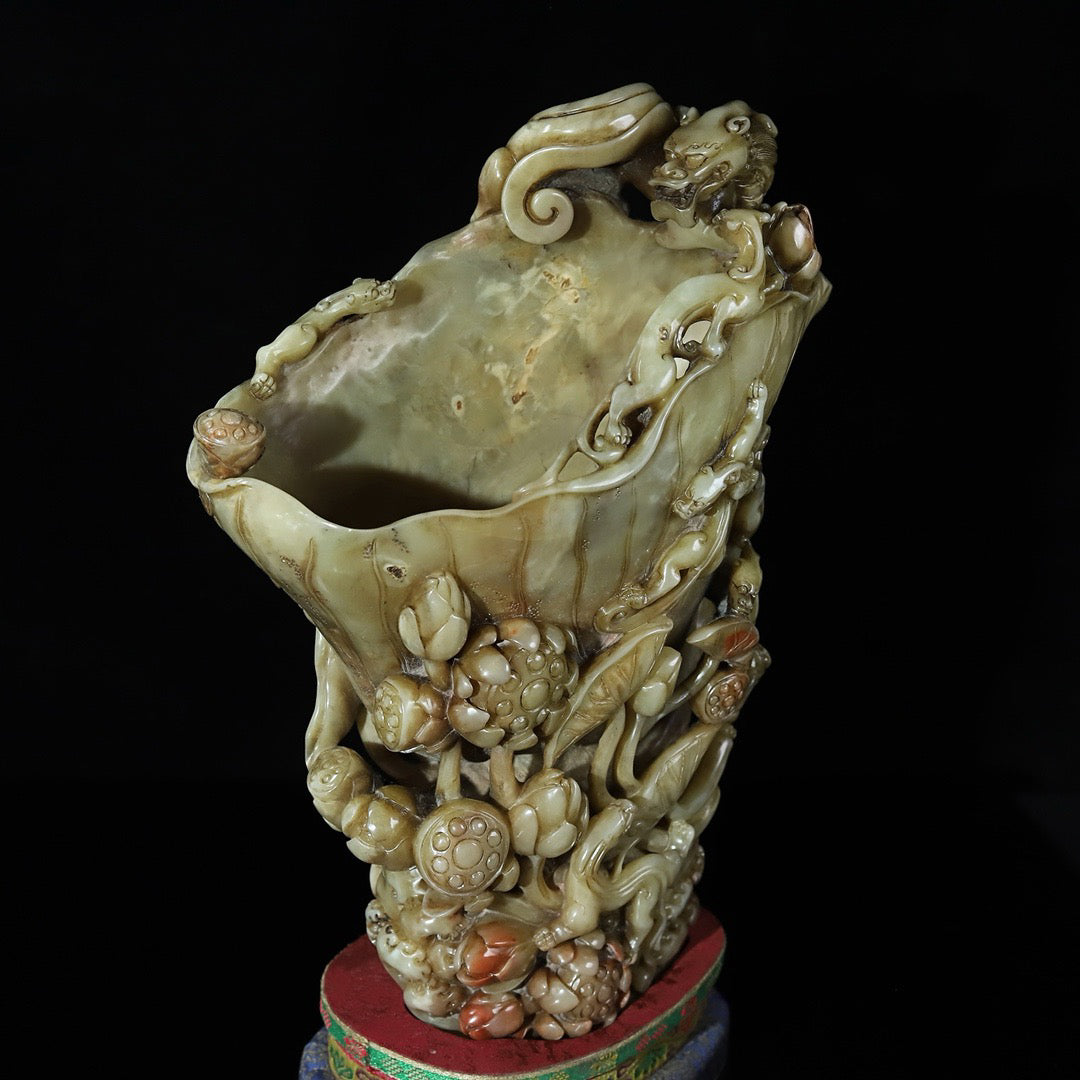 Chinese antique Shoushan stone, hibiscus, frozen stone, hollowed out carving, lotus flower, dragon shaped wine cup seal ornament
