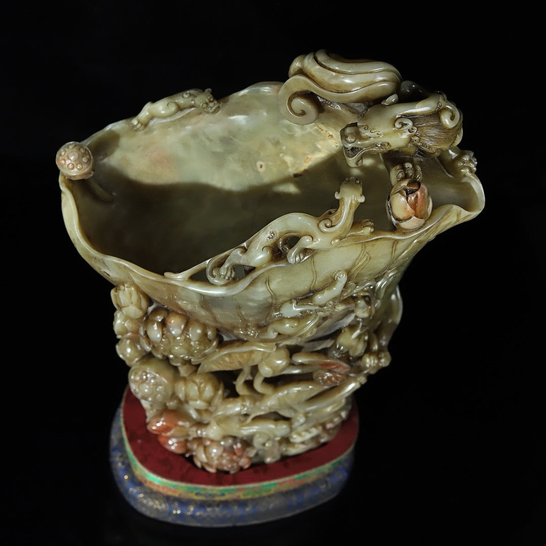 Chinese antique Shoushan stone, hibiscus, frozen stone, hollowed out carving, lotus flower, dragon shaped wine cup seal ornament