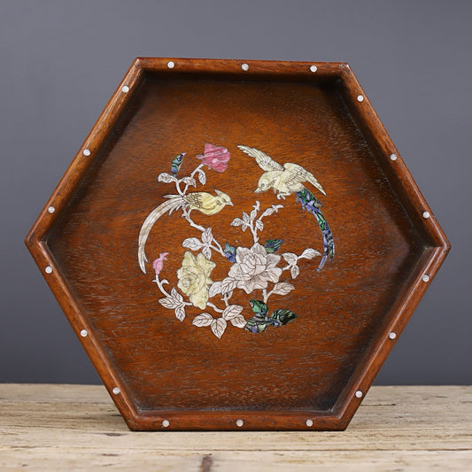 Chinese antique rosewood carved hexagonal tray