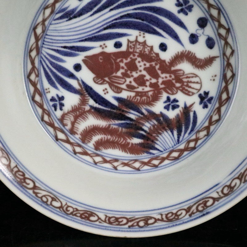Blue and white glazed dish with red fish and algae patterns