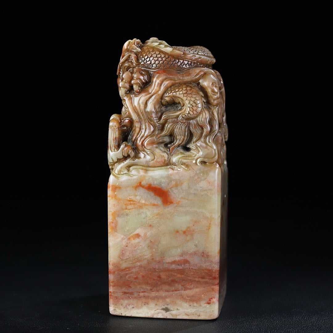 Chinese Antique Shoushan Stone Tenglong Playing Pearl Dragon Button Seal
