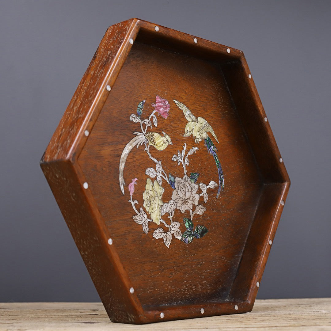 Chinese antique rosewood carved hexagonal tray