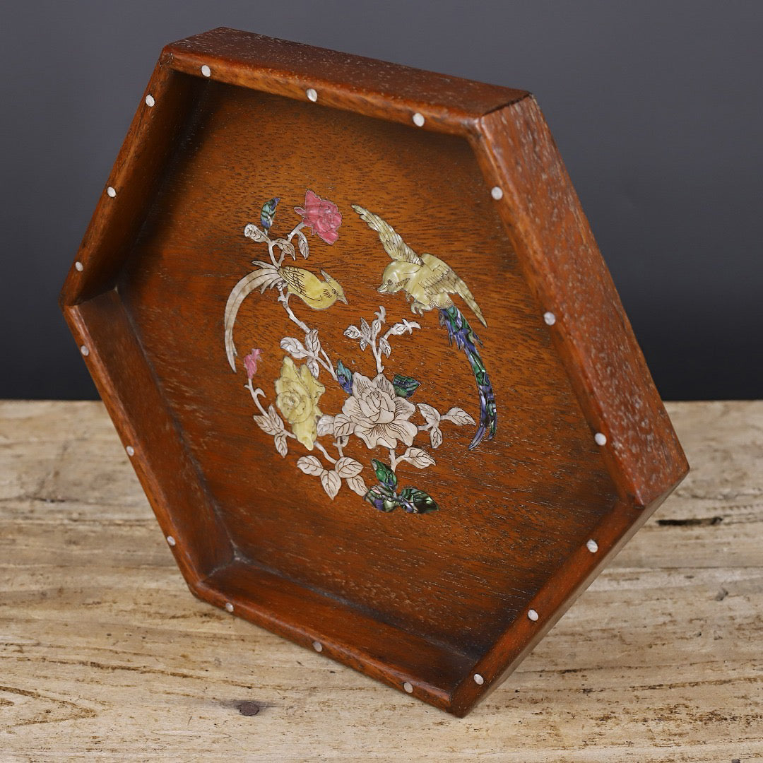 Chinese antique rosewood carved hexagonal tray