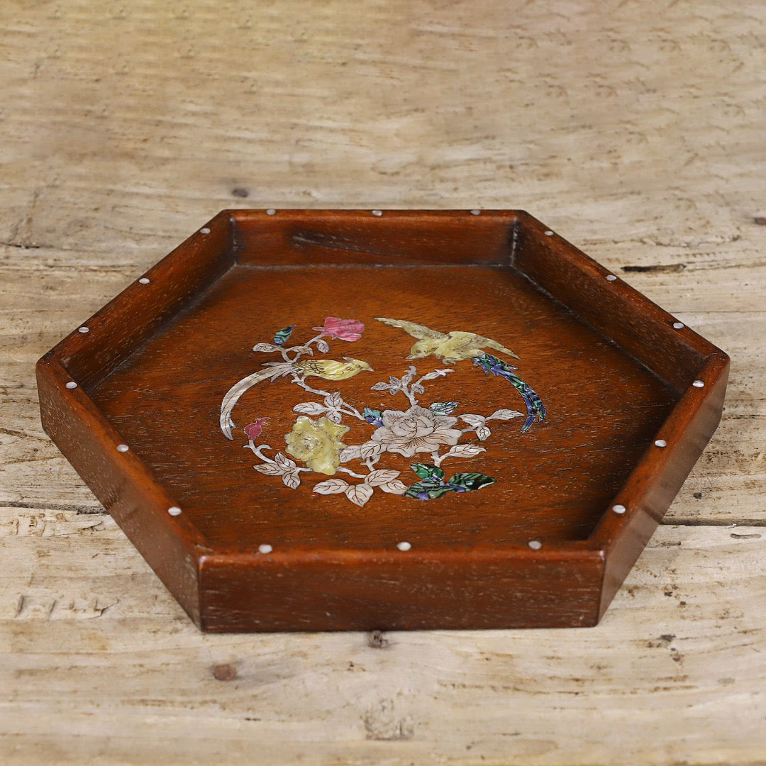 Chinese antique rosewood carved hexagonal tray