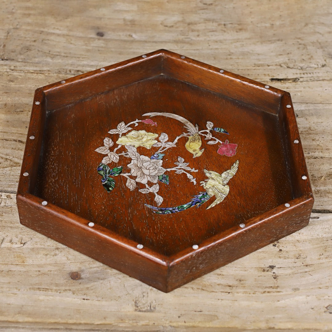 Chinese antique rosewood carved hexagonal tray