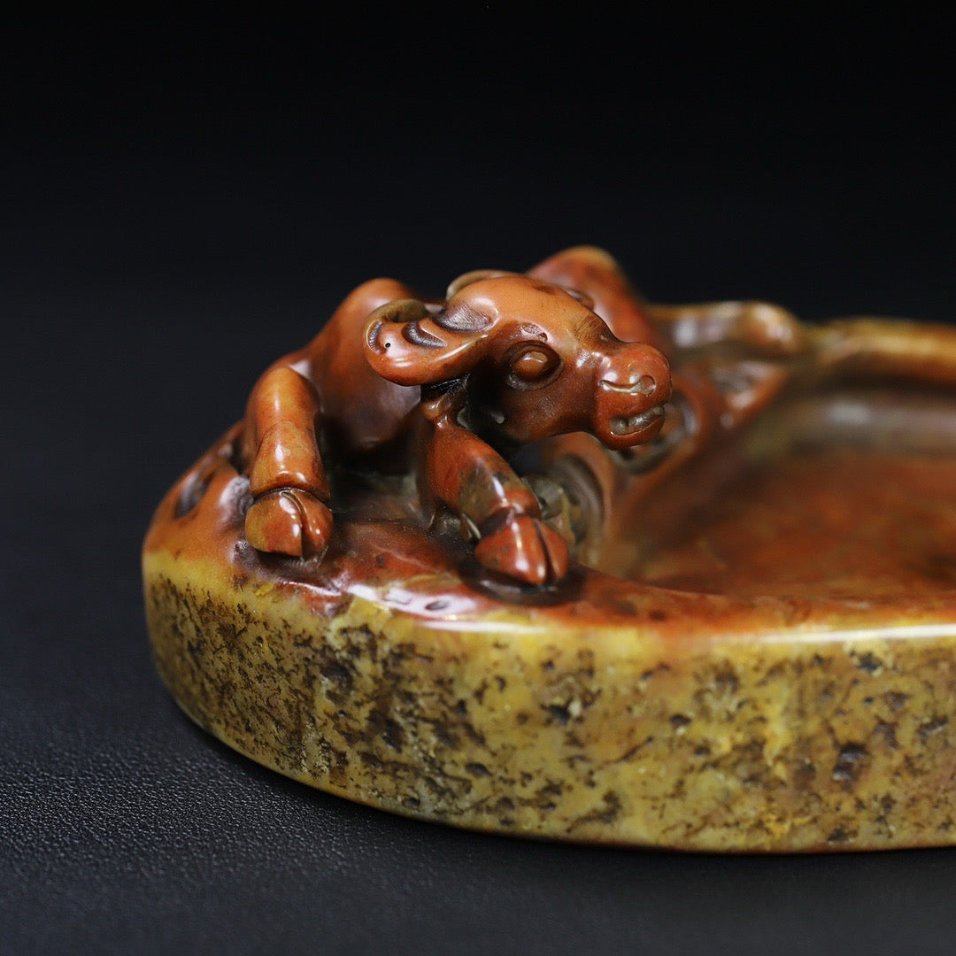 Chinese antique Shoushan stone carving, lying cow inkstone, stationery, inkstone ornaments
