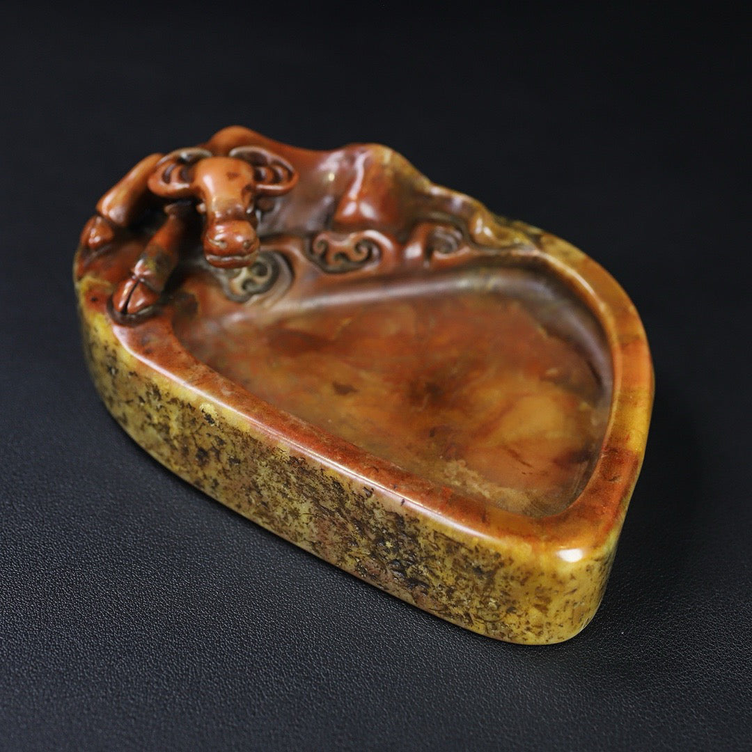Chinese antique Shoushan stone carving, lying cow inkstone, stationery, inkstone ornaments