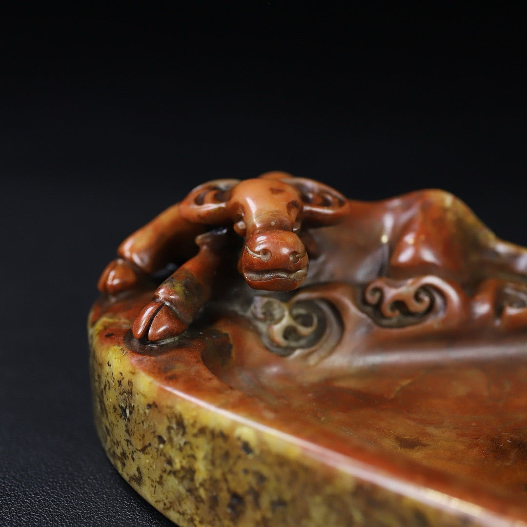 Chinese antique Shoushan stone carving, lying cow inkstone, stationery, inkstone ornaments