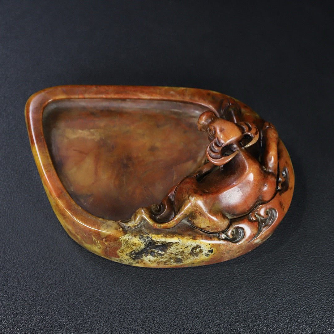 Chinese antique Shoushan stone carving, lying cow inkstone, stationery, inkstone ornaments
