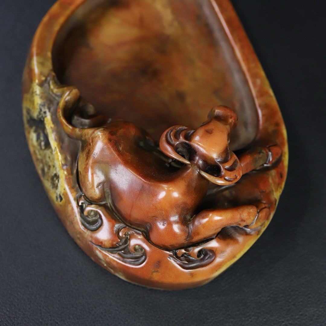 Chinese antique Shoushan stone carving, lying cow inkstone, stationery, inkstone ornaments