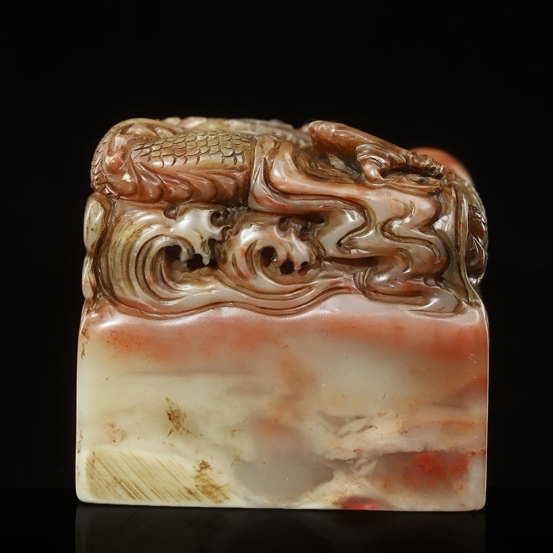 Chinese Antique Shoushan Stone Mountain Furong Stone Carving Tenglong Playing Pearl Dragon Button Seal