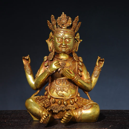 Pure copper four armed statue of the God of Wealth Buddha