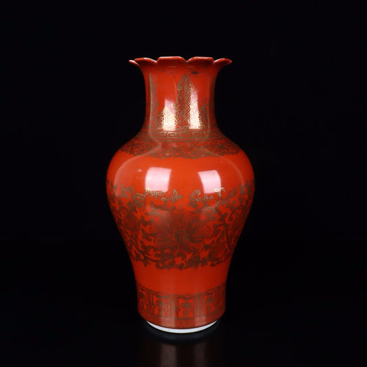 Gold painted lotus patterned vase with a mouth
