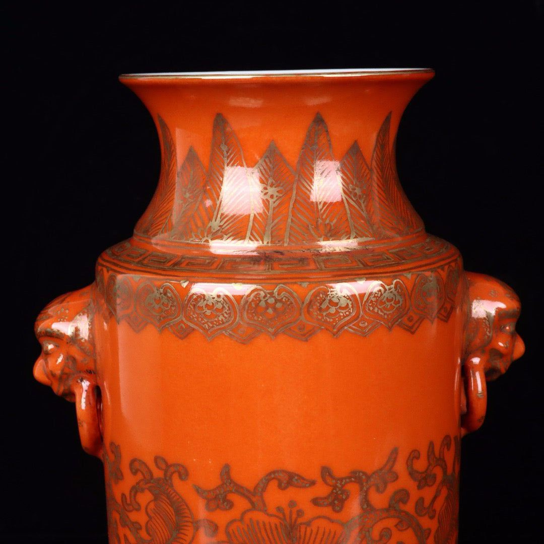 Gold painted twisted branch lotus patterned beast ear vase