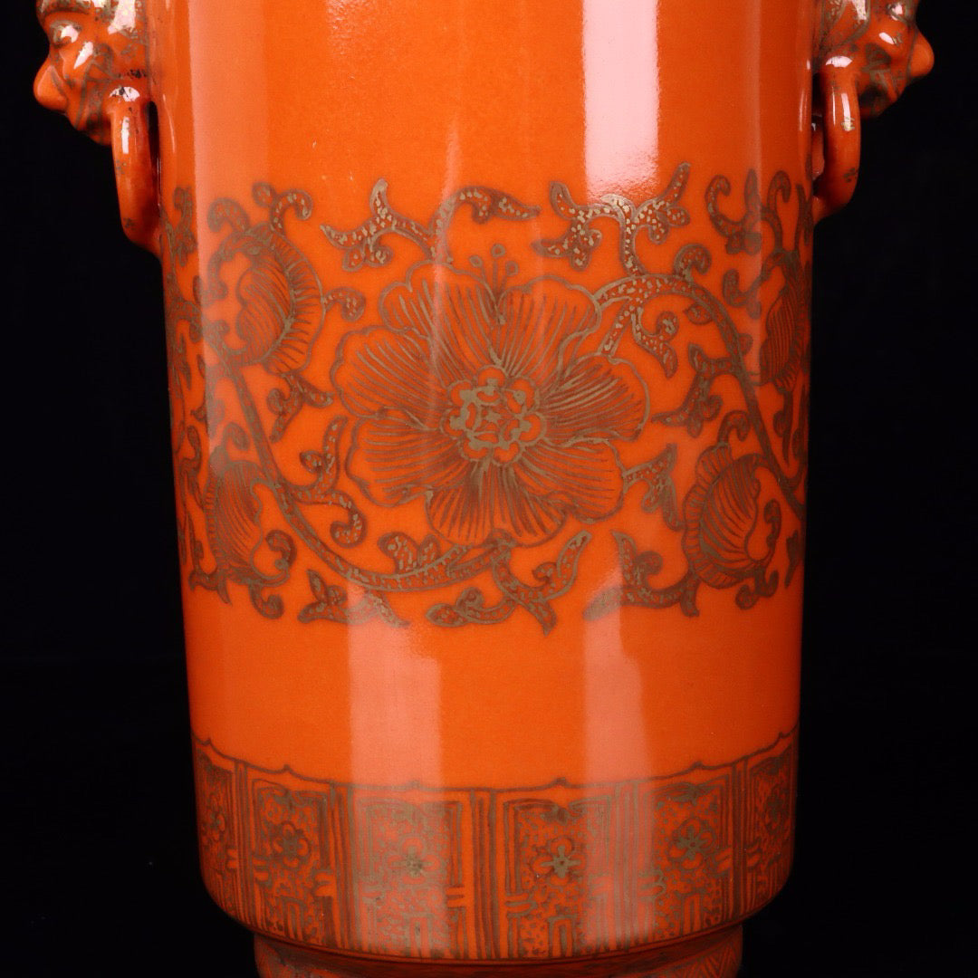 Gold painted twisted branch lotus patterned beast ear vase