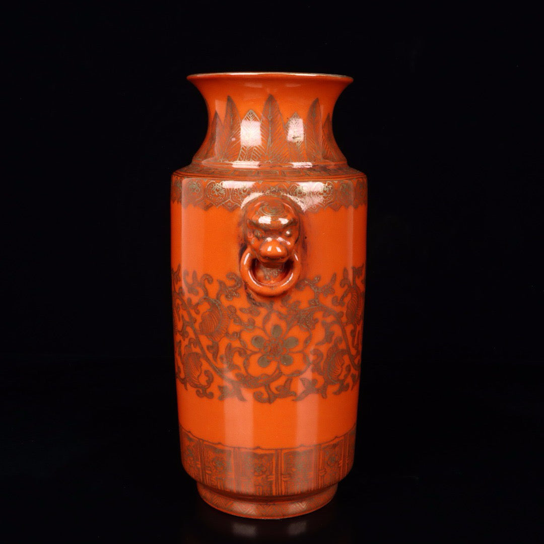 Gold painted twisted branch lotus patterned beast ear vase