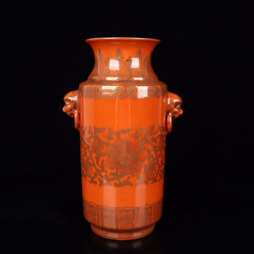 Gold painted twisted branch lotus patterned beast ear vase