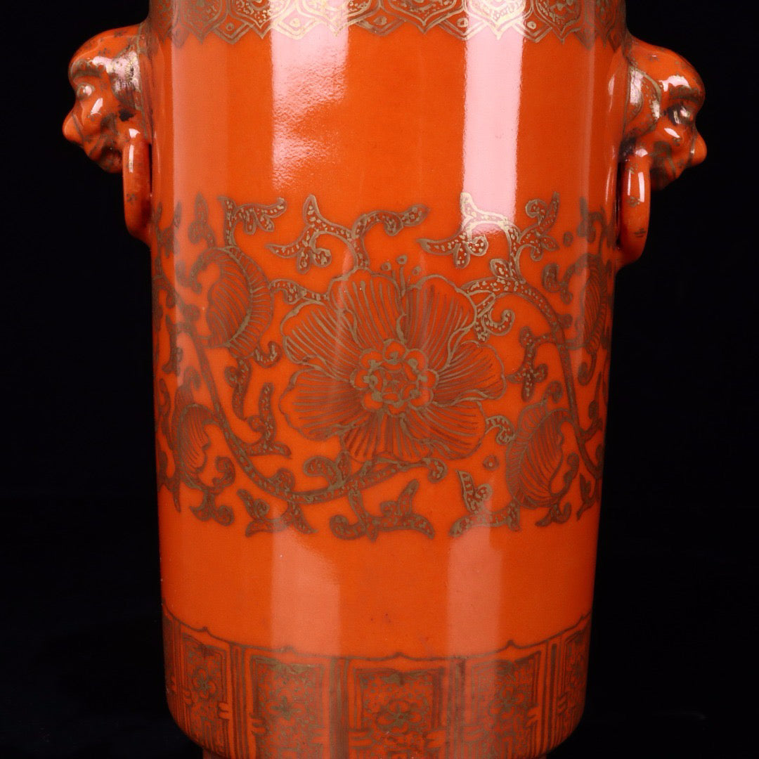 Gold painted twisted branch lotus patterned beast ear vase