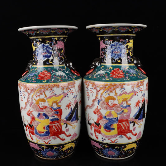 A pair of colorful character stories with patterned bottles