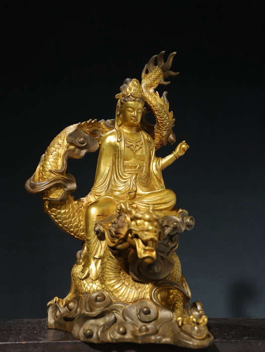 Chinese antique pure copper statue of Jade Dragon Guanyin