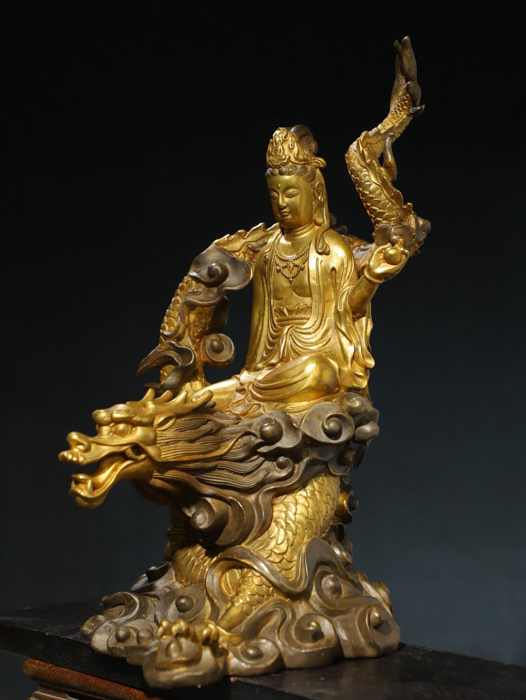 Chinese antique pure copper statue of Jade Dragon Guanyin