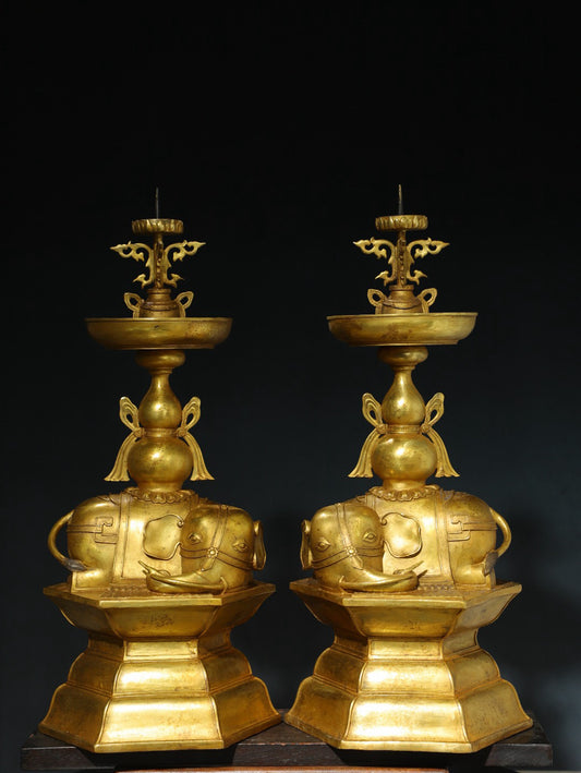 Chinese Antique Pure Copper [Taiping Elephant] Candlestick Pair