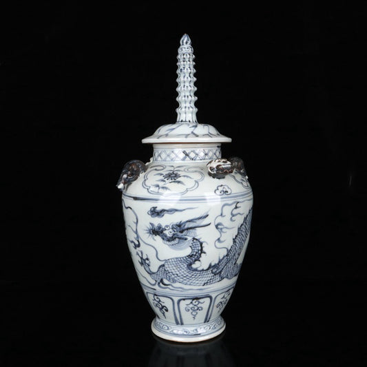 Blue and white cloud dragon patterned pagoda jar