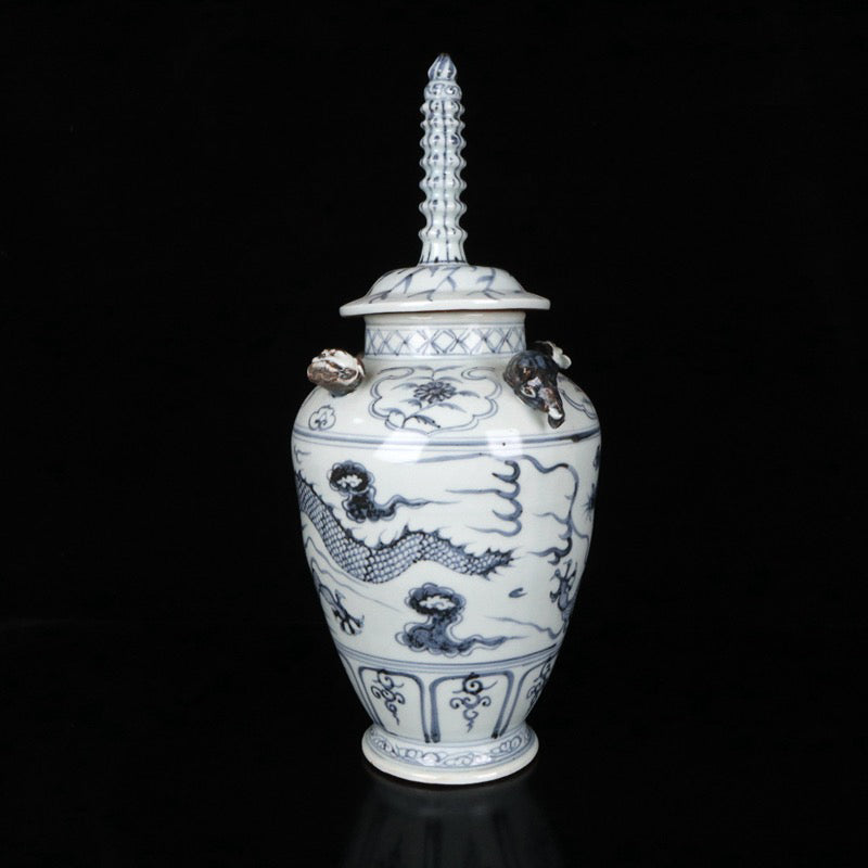 Blue and white cloud dragon patterned pagoda jar