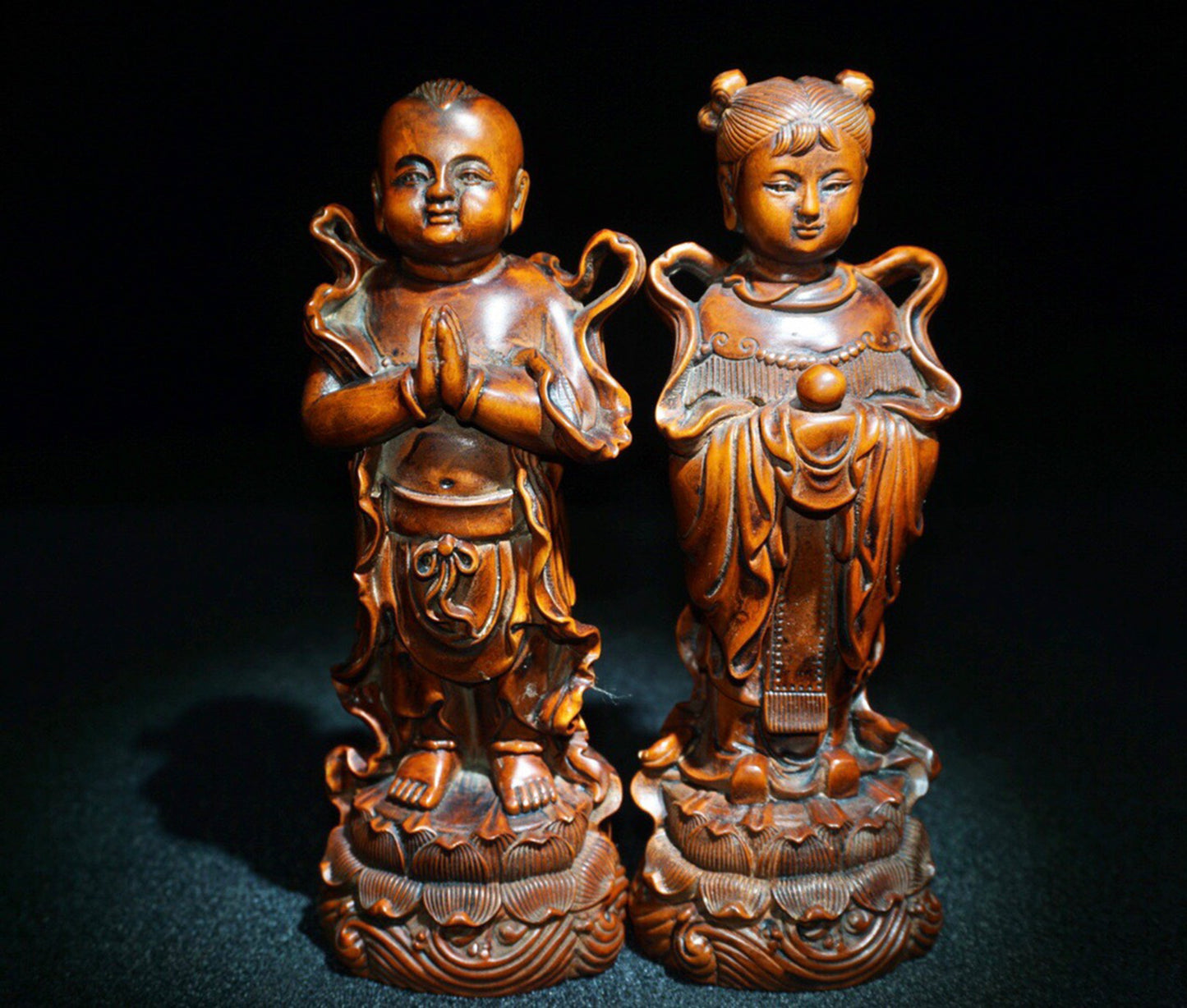 Collected Huangyang Wood Exquisite Carved Golden Boy and Jade Girl Ornaments