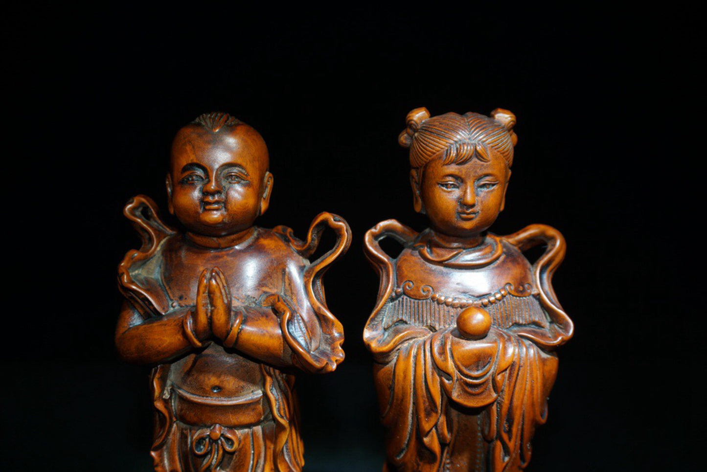 Collected Huangyang Wood Exquisite Carved Golden Boy and Jade Girl Ornaments