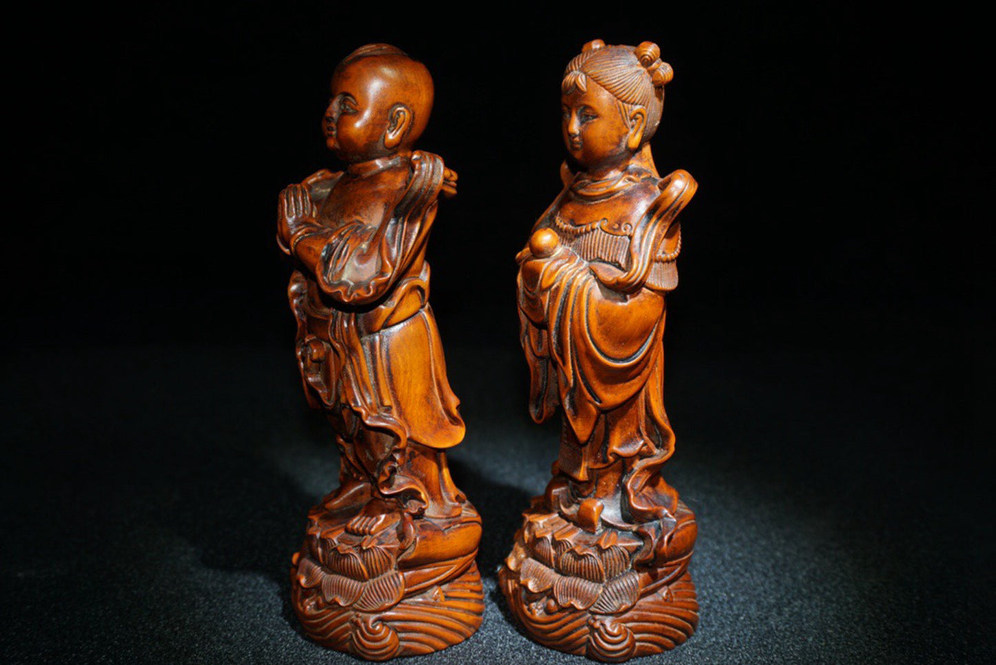 Collected Huangyang Wood Exquisite Carved Golden Boy and Jade Girl Ornaments