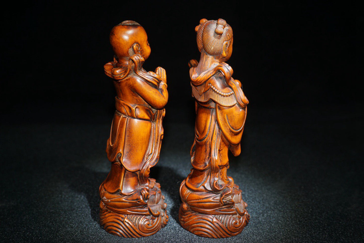 Collected Huangyang Wood Exquisite Carved Golden Boy and Jade Girl Ornaments