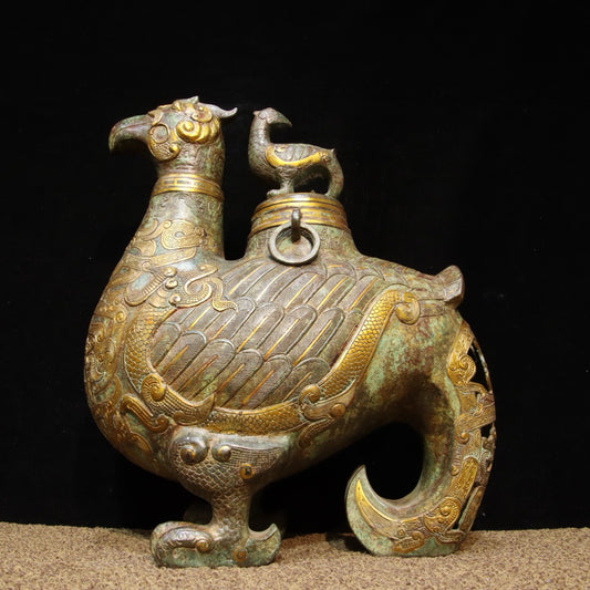 Chinese Antique Bronze - Inscription with gold inlaid hollow long tailed bird statue