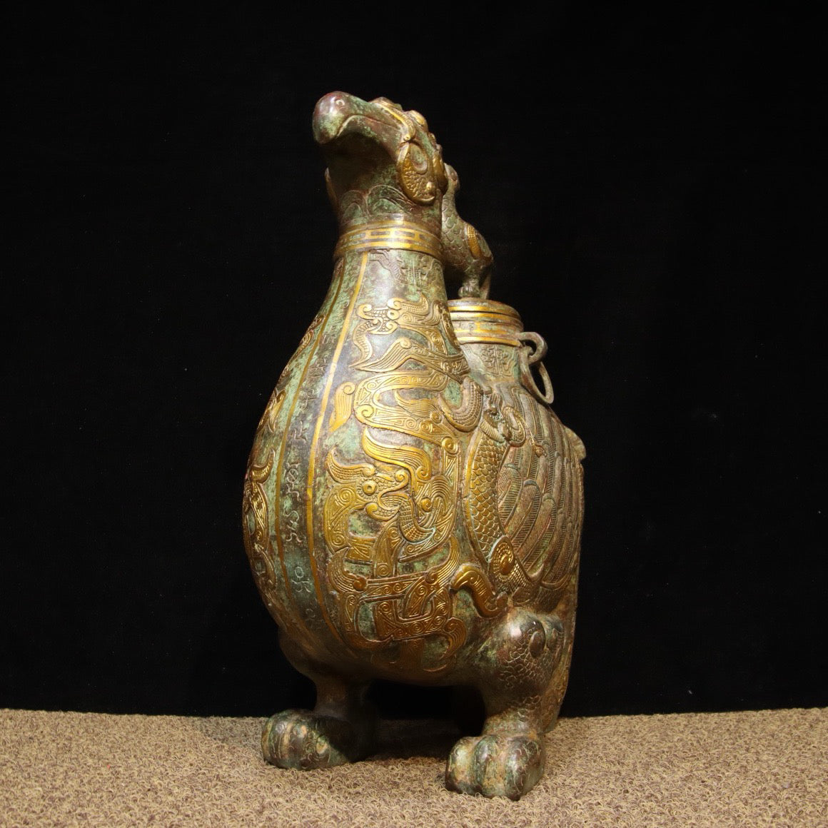 Chinese Antique Bronze - Inscription with gold inlaid hollow long tailed bird statue