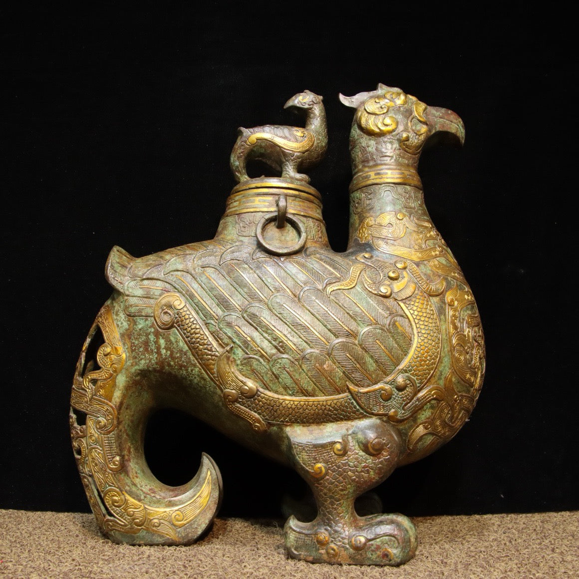 Chinese Antique Bronze - Inscription with gold inlaid hollow long tailed bird statue