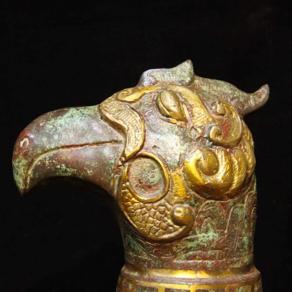 Chinese Antique Bronze - Inscription with gold inlaid hollow long tailed bird statue