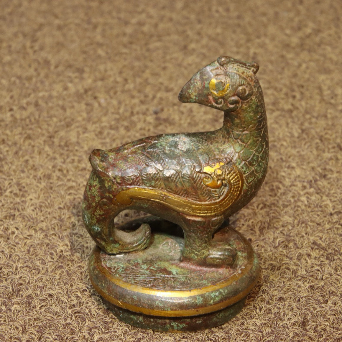 Chinese Antique Bronze - Inscription with gold inlaid hollow long tailed bird statue