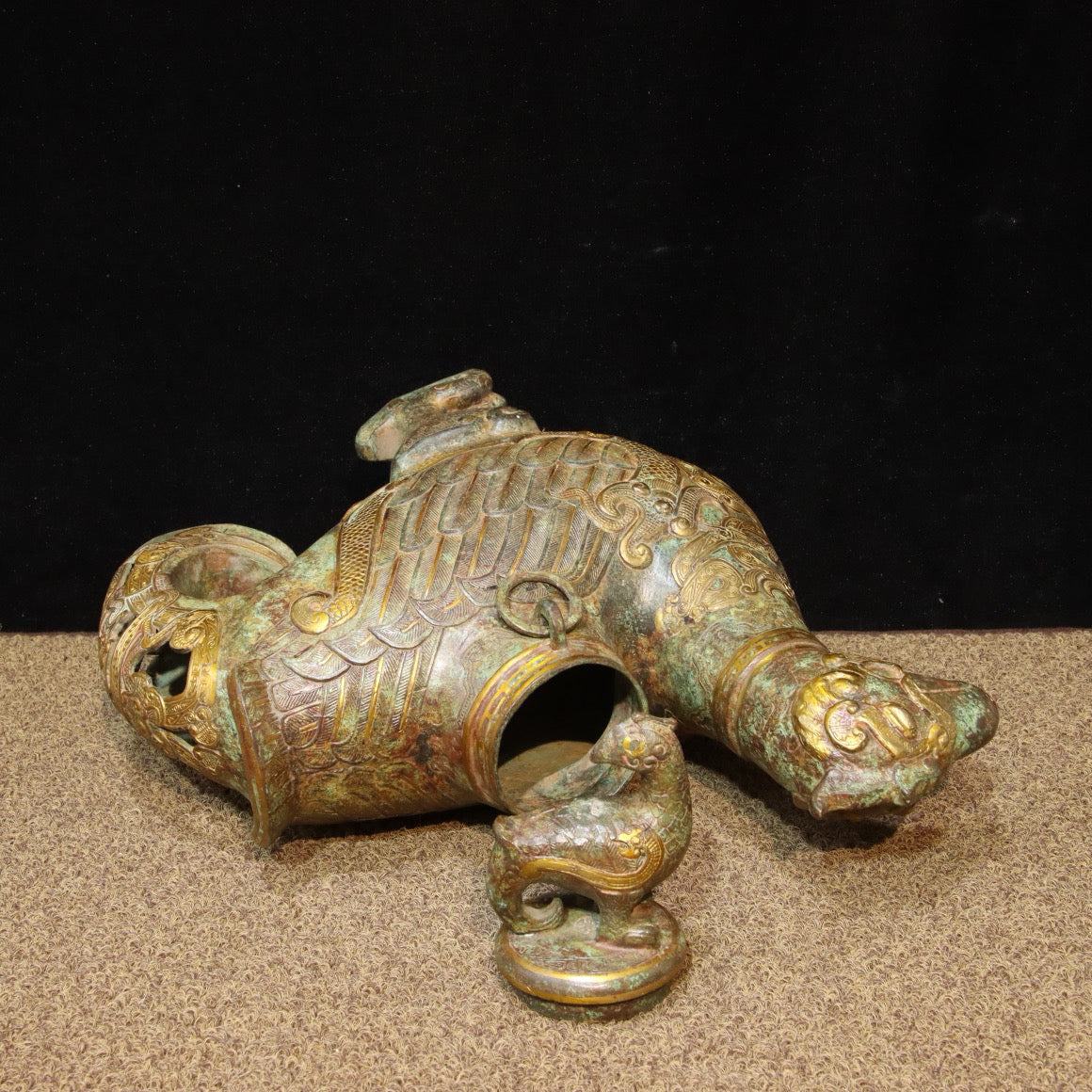 Chinese Antique Bronze - Inscription with gold inlaid hollow long tailed bird statue