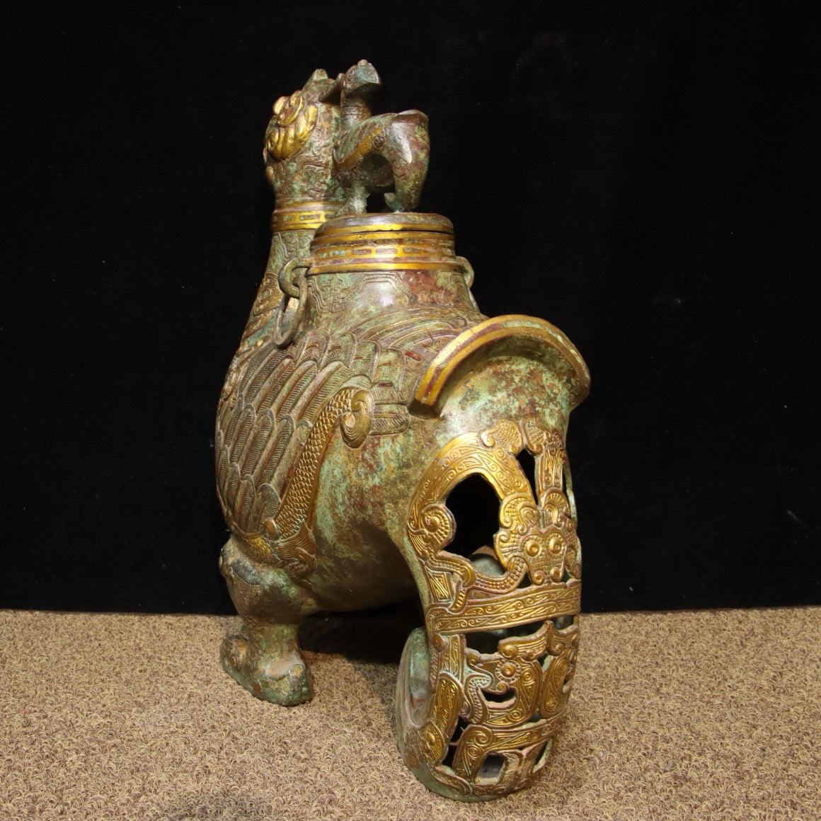 Chinese Antique Bronze - Inscription with gold inlaid hollow long tailed bird statue