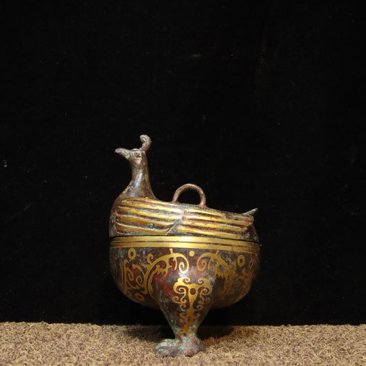 Chinese Antique Bronze - Inscription Error Gold Phoenix Bird He