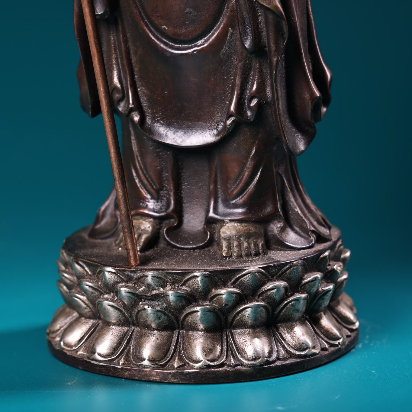 A pure copper high relief carved and gilded silver statue of the Ksitigarbha Bodhisattva
