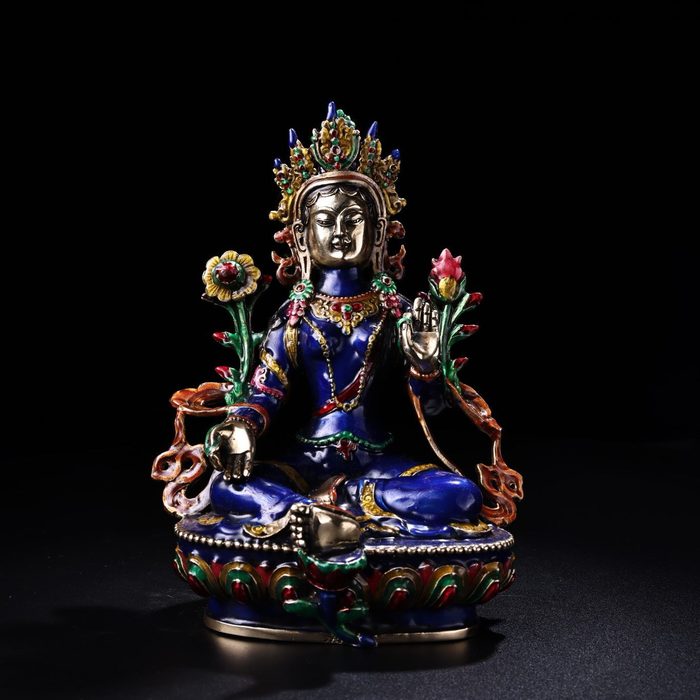 A pure copper cloisonne enamel green Tara Buddha statue
