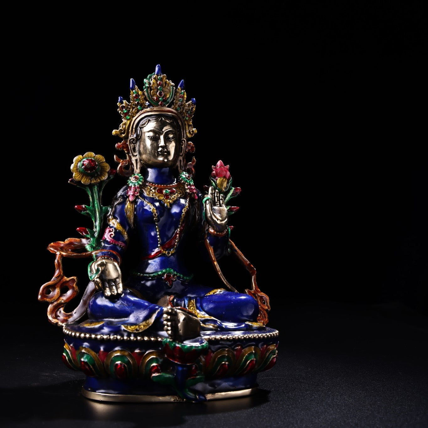 A pure copper cloisonne enamel green Tara Buddha statue