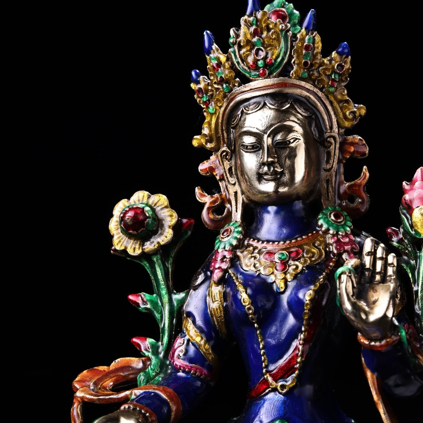 A pure copper cloisonne enamel green Tara Buddha statue