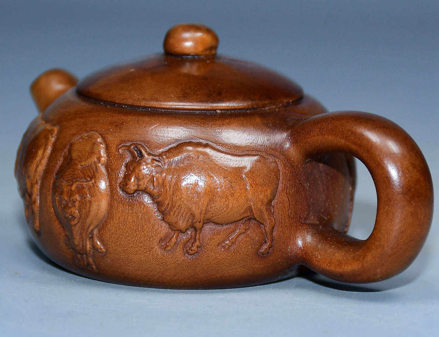 Collection of boxwood carved five ox pot handles