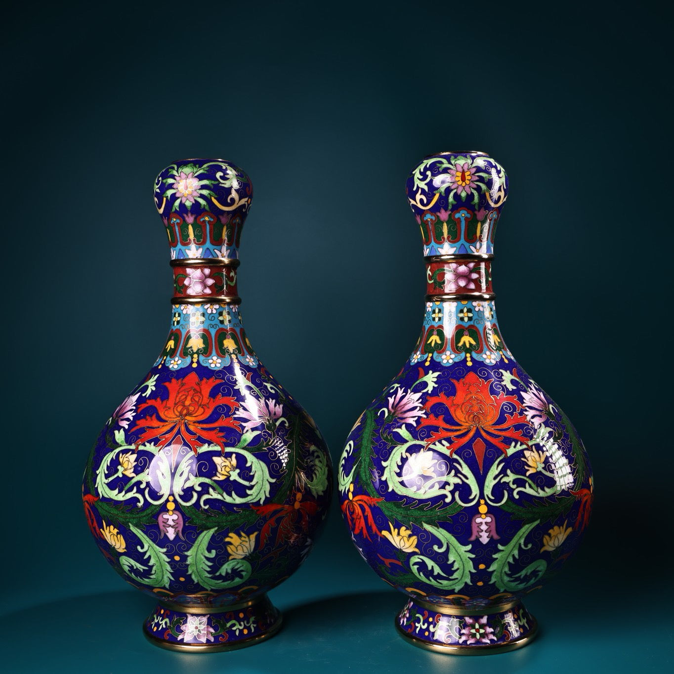 A pair of pure copper gilded cloisonn é enamel colored vases