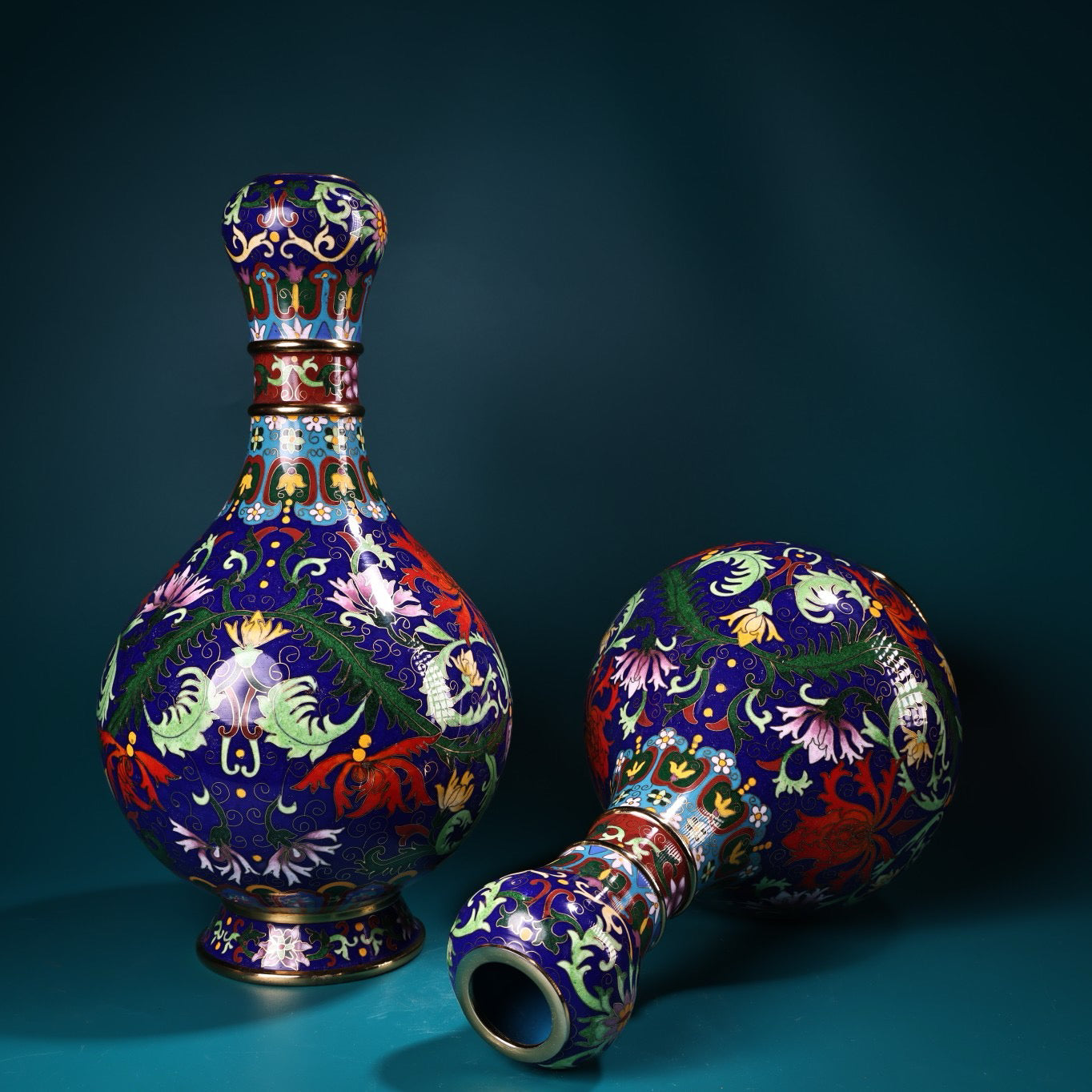 A pair of pure copper gilded cloisonn é enamel colored vases